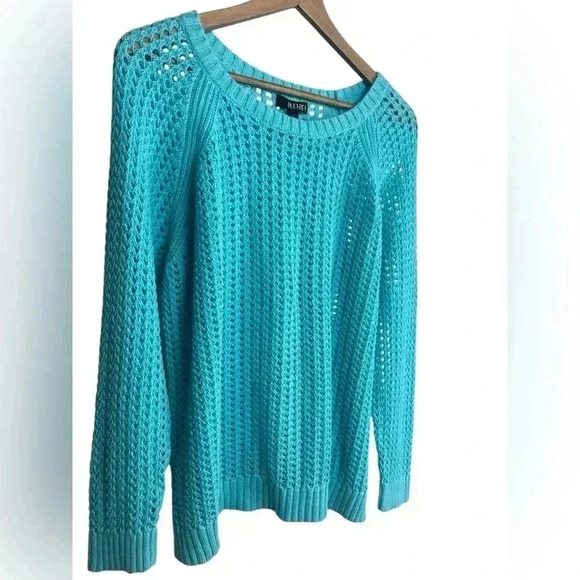 a.n.a A New Approach Women's 1X Blue Open Knit Long Sleeve Scoop Neck Sweater - Picture 4 of 11